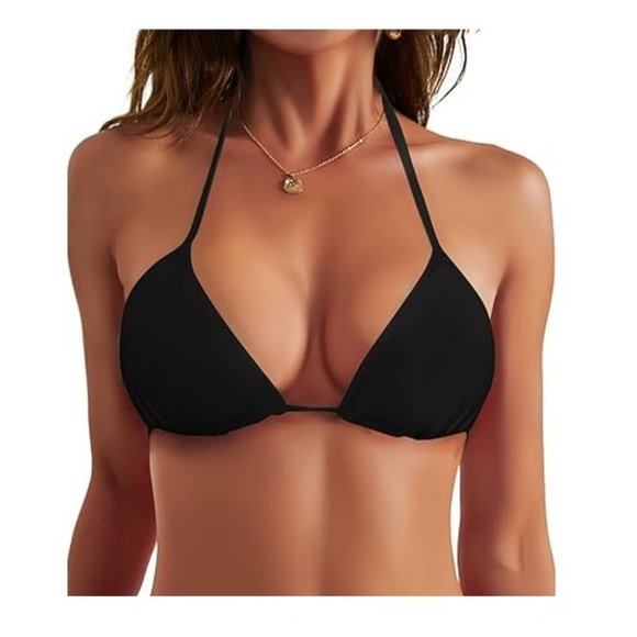 String Bikini Set Black Halter Bikini Top Low Rise Bikini Bottom Triangle Bikini - Picture 3 of 8